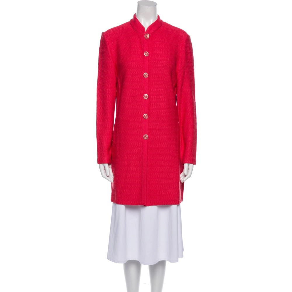 St. John Marie Gray Red Chevron Knit Button Front Long Cardigan Coat 10 Vintage